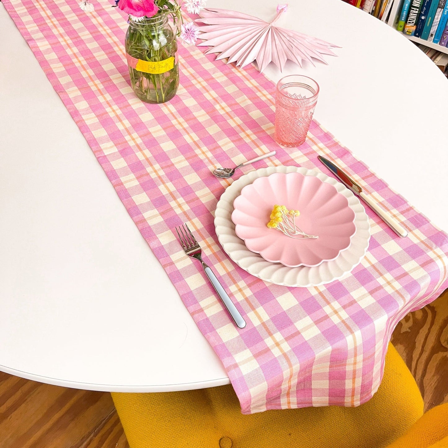 Abigail Plaid Table Runner in Bubblegum and Peach