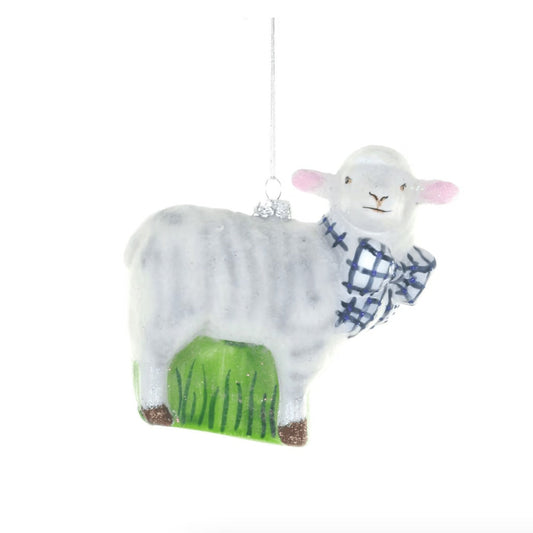 Cottage Sheep with Blue Bow Glass Ornament by Cody Foster