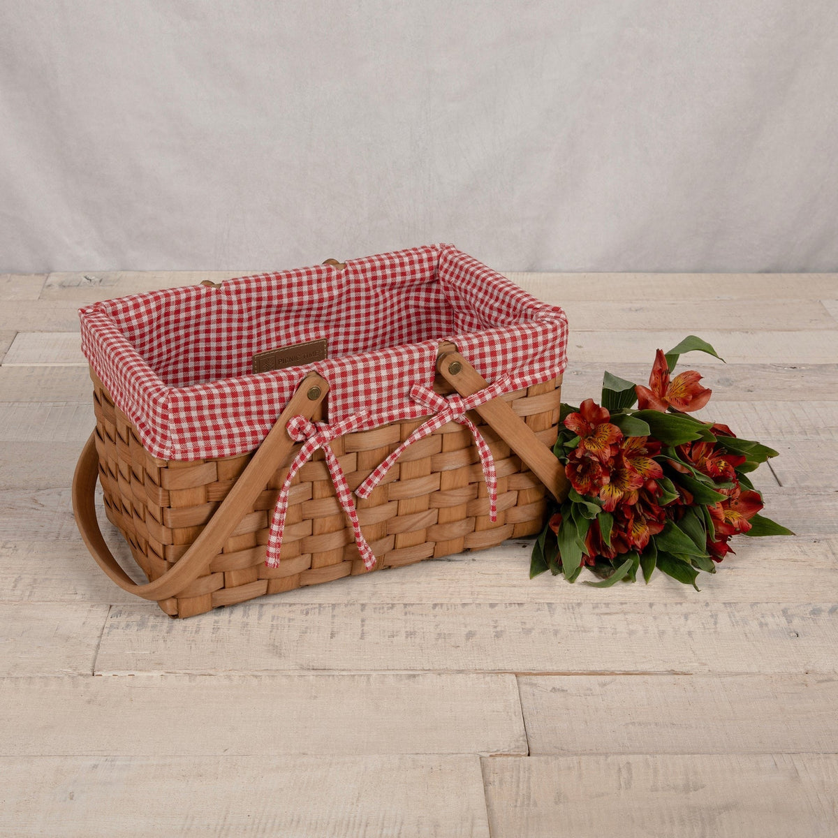 White & Red Gingham Farmhouse Picnic Basket