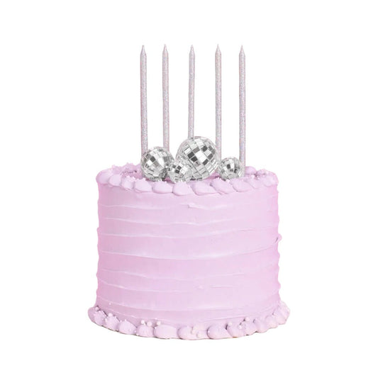 Iridescent Glitter Candles & Disco Ball Cake Topper Set