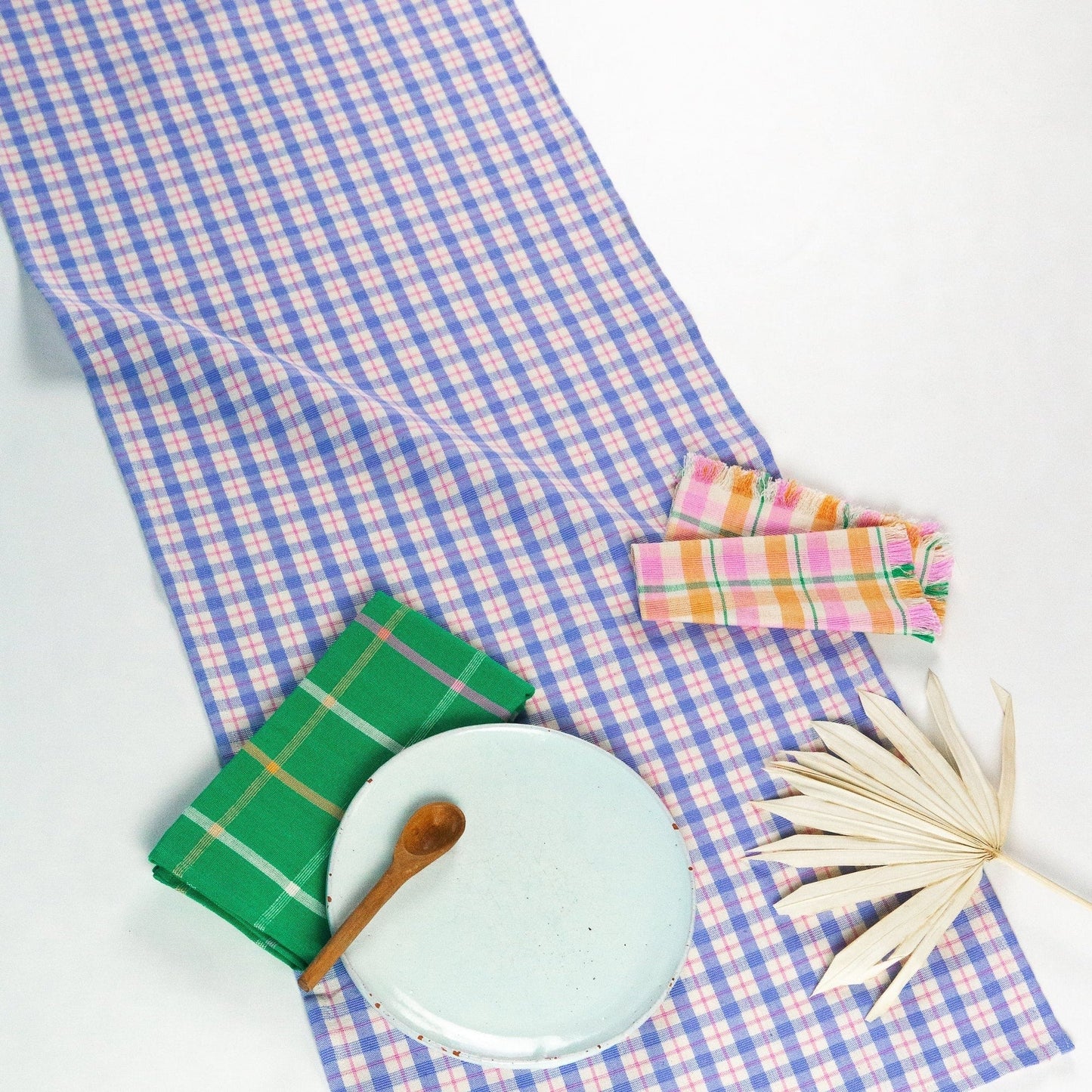 Sofia Plaid Table Runner in Periwinkle Blue and Pink