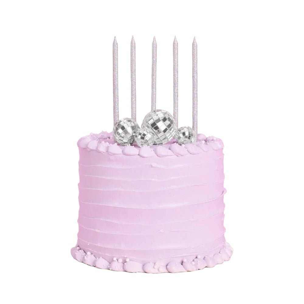 Iridescent Glitter Candles & Disco Ball Cake Topper Set
