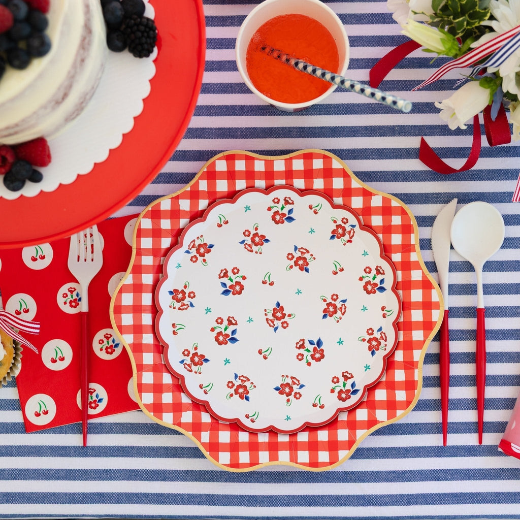 Elegant Cherry Red Gingham Dinner Plates