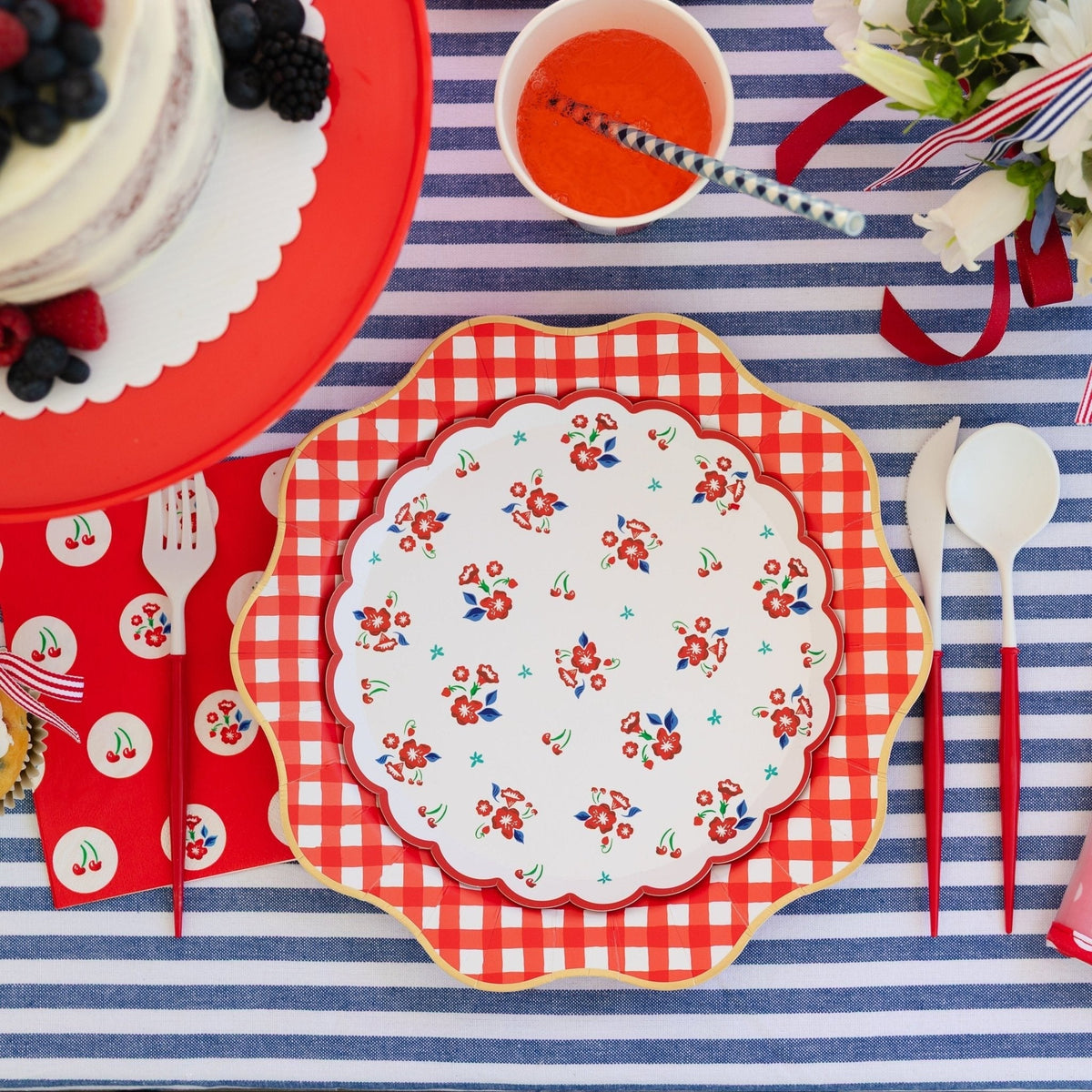 Elegant Cherry Red Gingham Dinner Plates