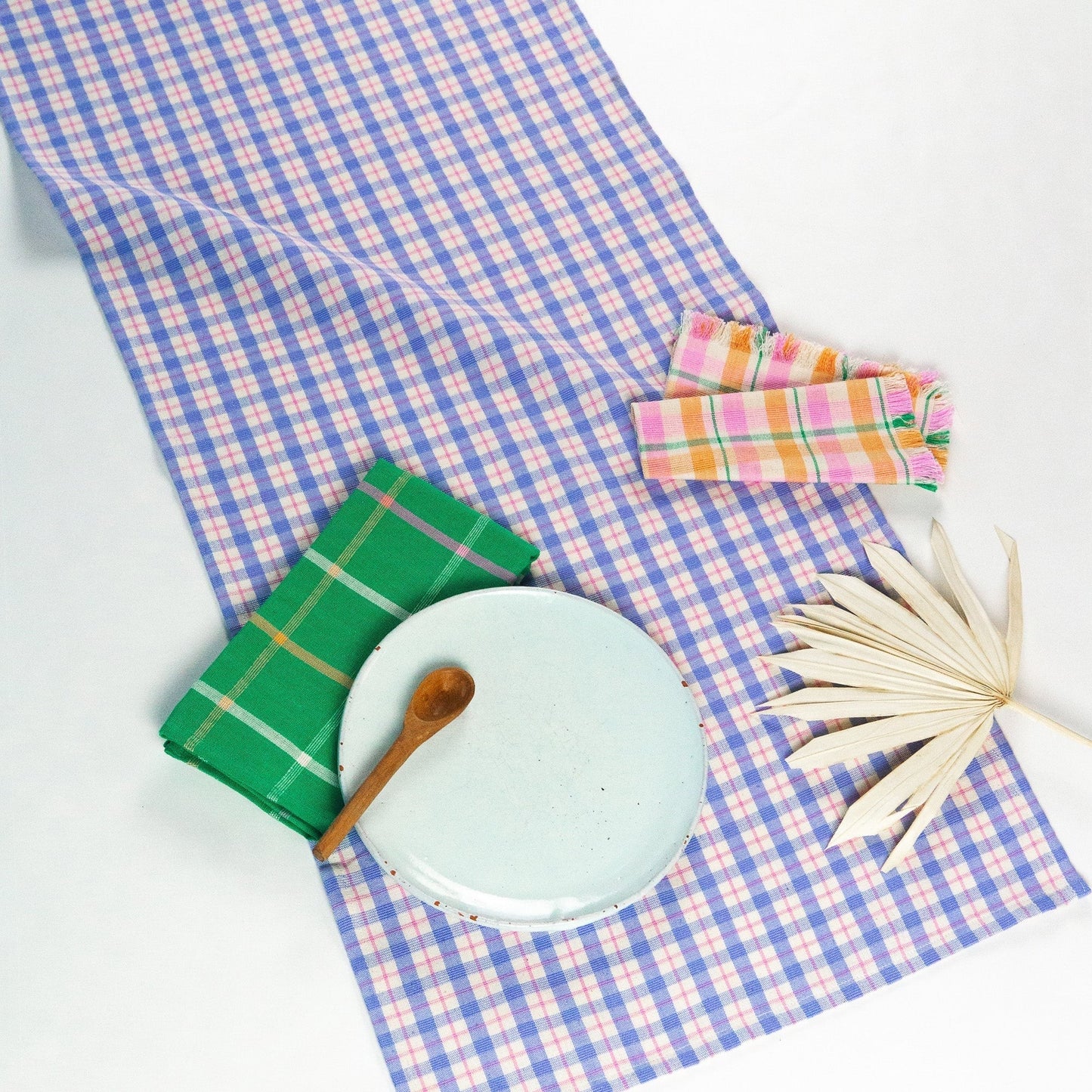 Sofia Plaid Table Runner in Periwinkle Blue and Pink