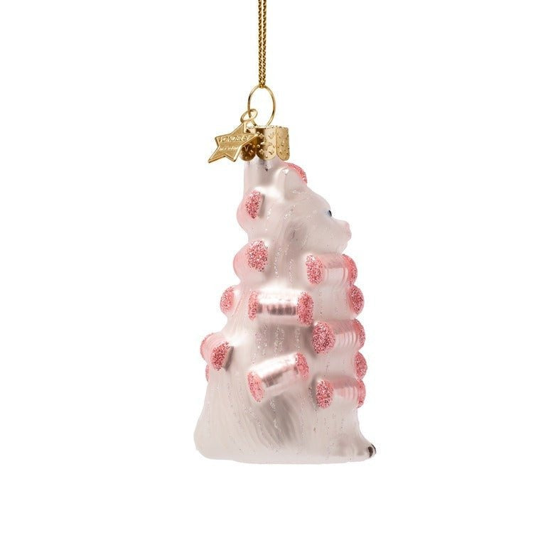 Pink Cat with Curlers Glass Ornament