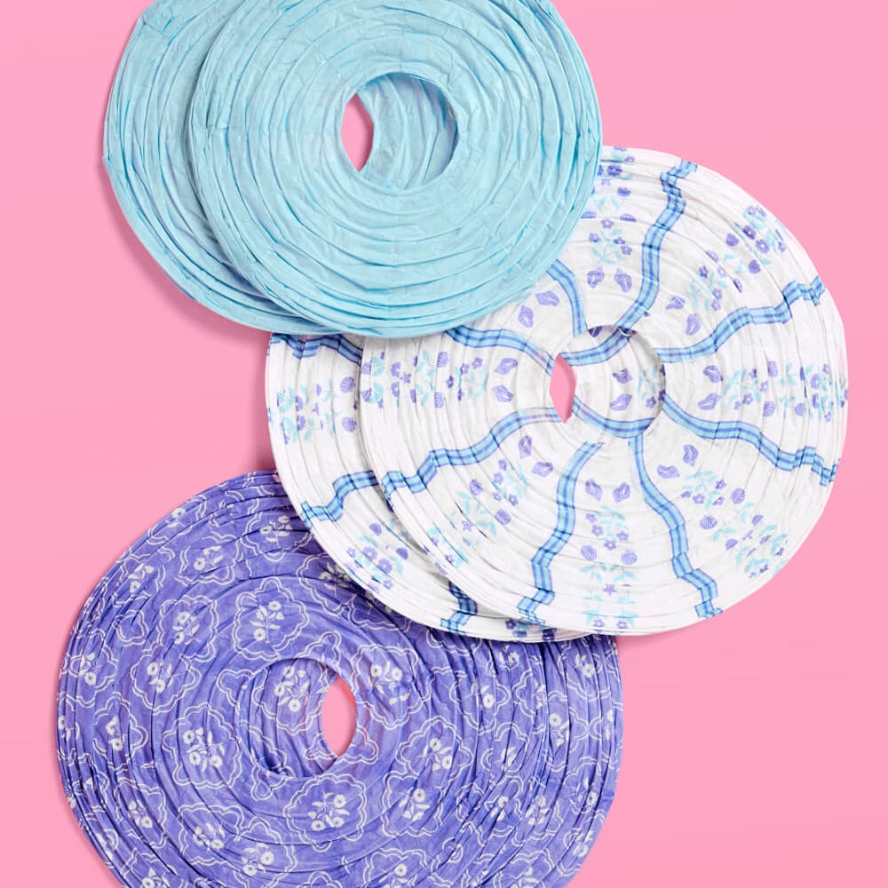 Blue Floral Paper Lantern Set