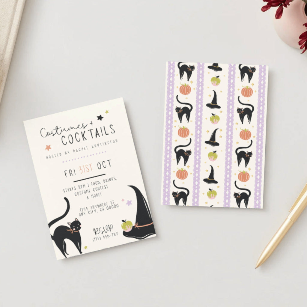 Frills and Thrills Black Cat and Witch Hat Party Digital Party Invitation