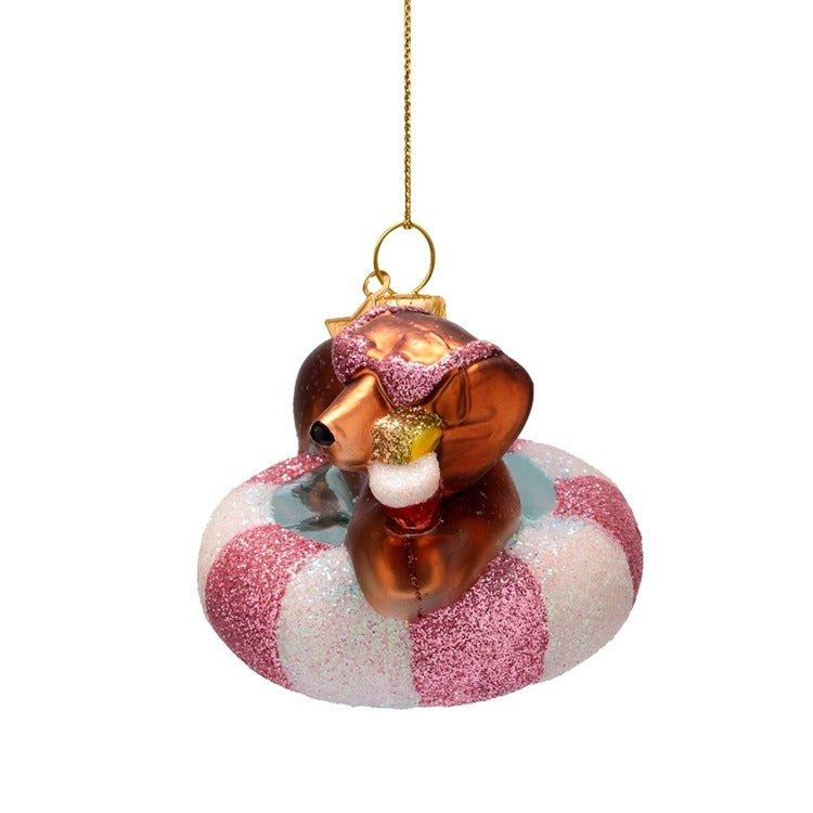 Dog on Pool Float Glass Ornament