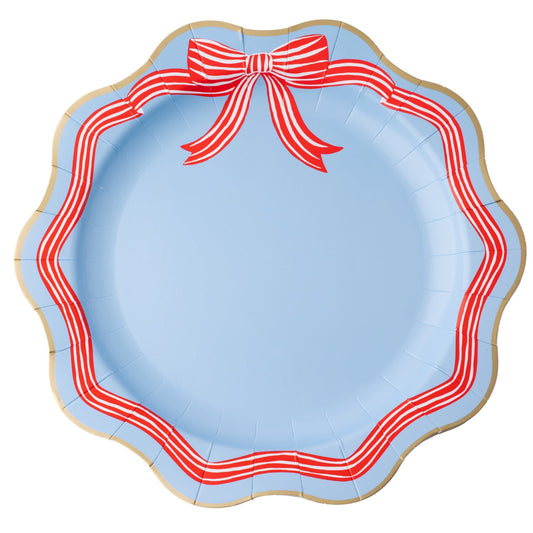 Elegant Sky Blue & Red Bow Dinner Plates
