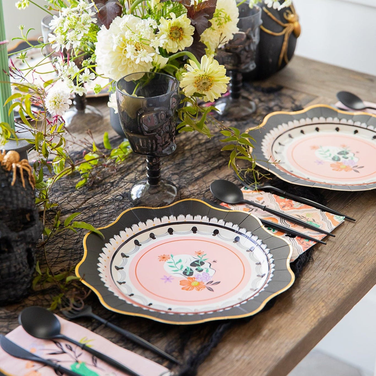 Floral Halloween Skulls & Spiders Dinner Napkins