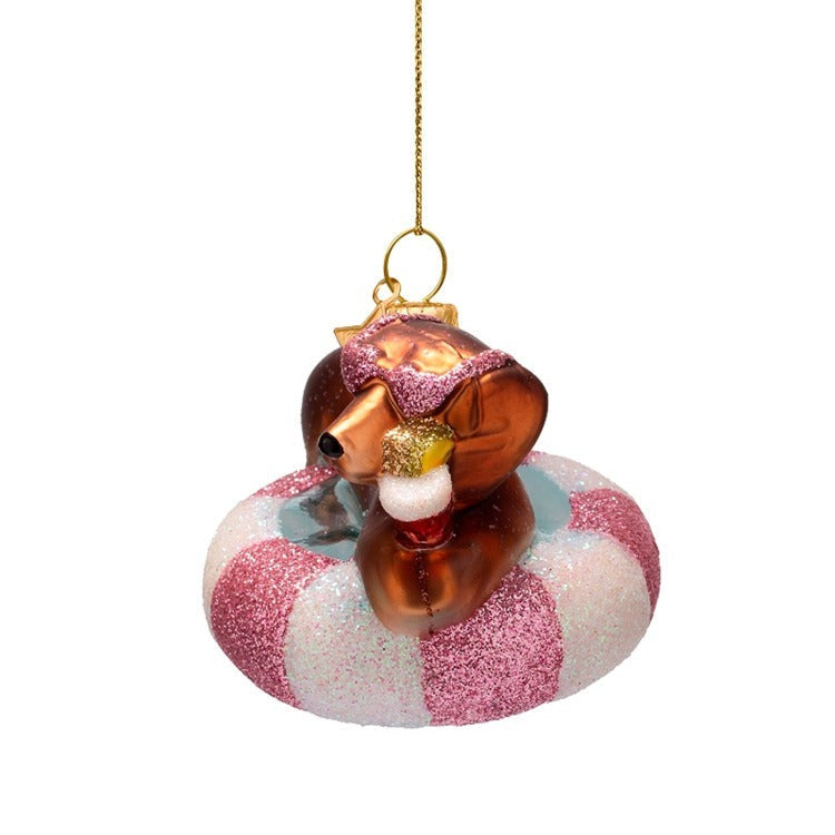 Dog on Pool Float Glass Ornament