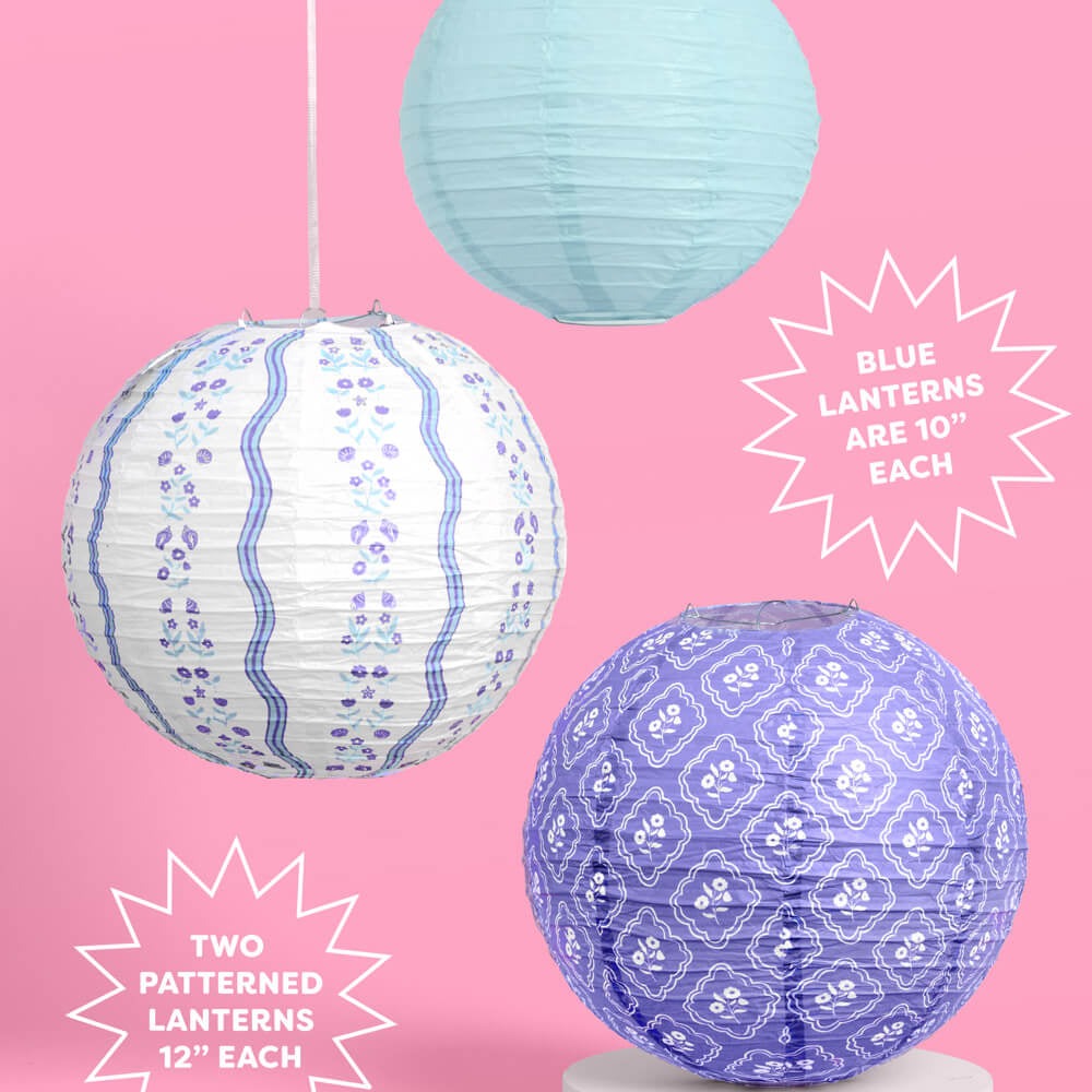 Blue Floral Paper Lantern Set