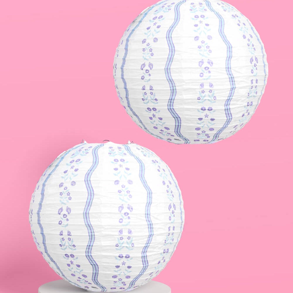 Blue Floral Paper Lantern Set