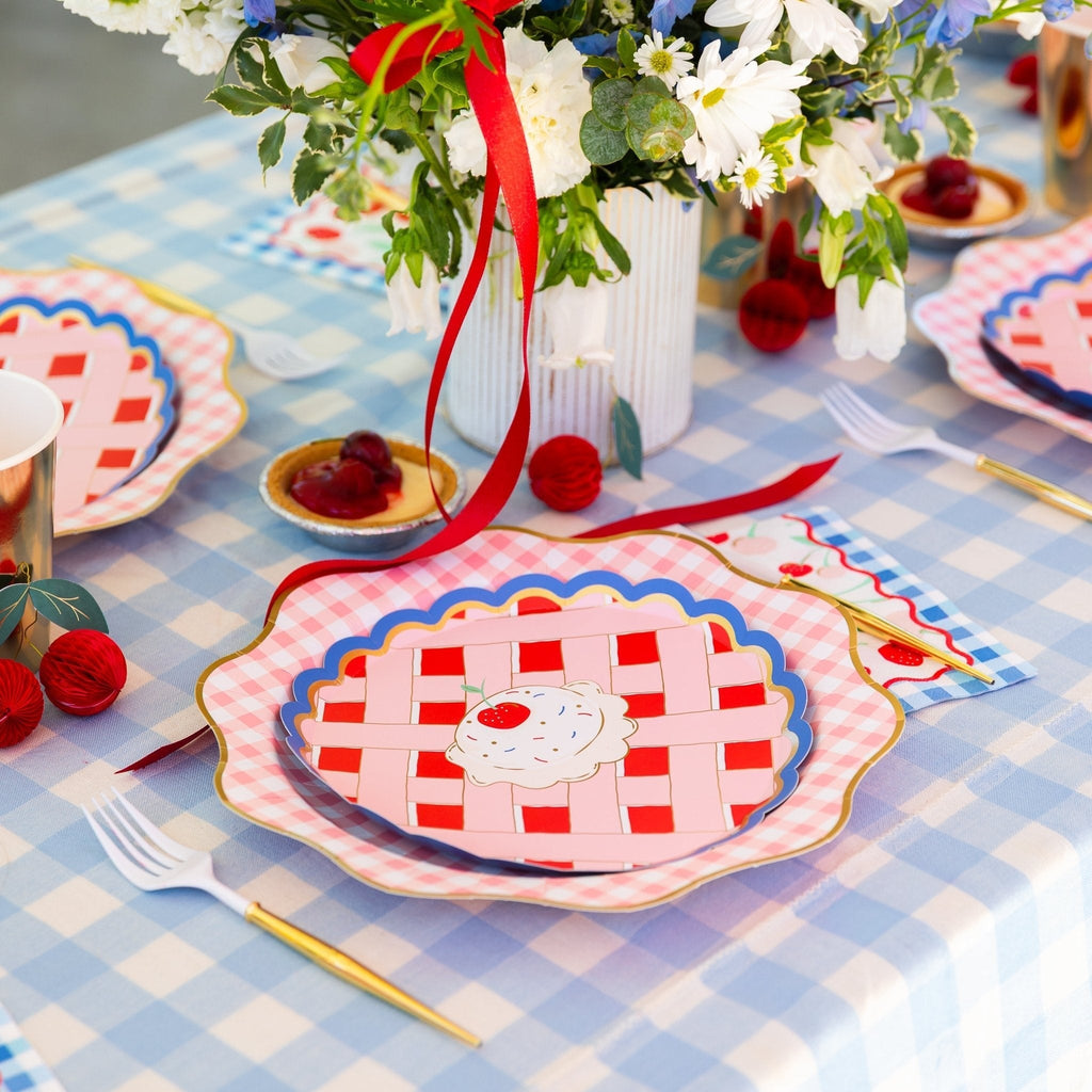 Elegant Petal Pink Gingham Dinner Plates