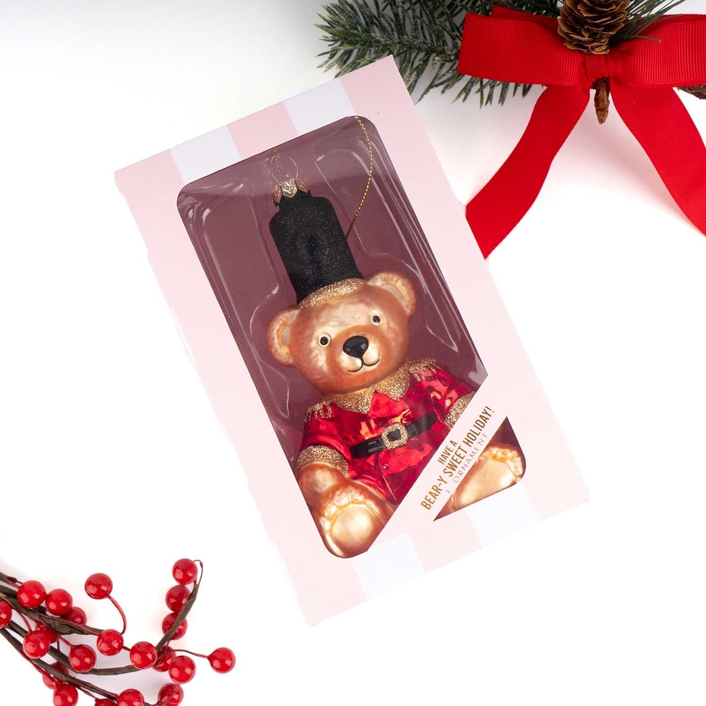 Red Jacket Teddy Bear Glass Ornament