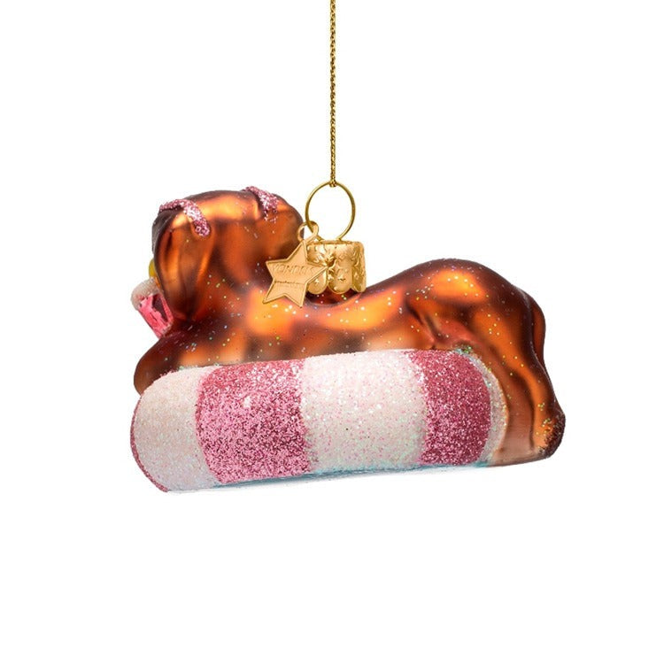 Dog on Pool Float Glass Ornament