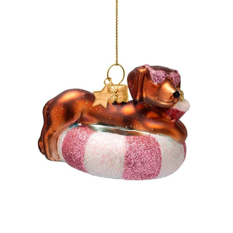 Dog on Pool Float Glass Ornament