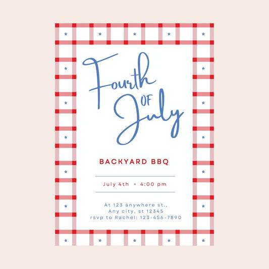 4th of July Gingham Digital Party Invitation Download