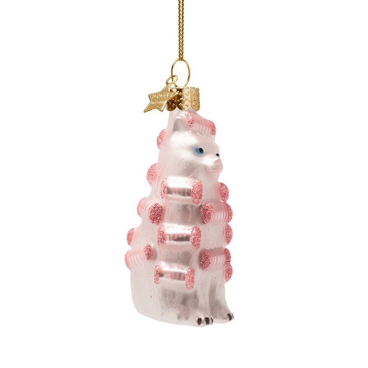 Pink Cat with Curlers Glass Ornament
