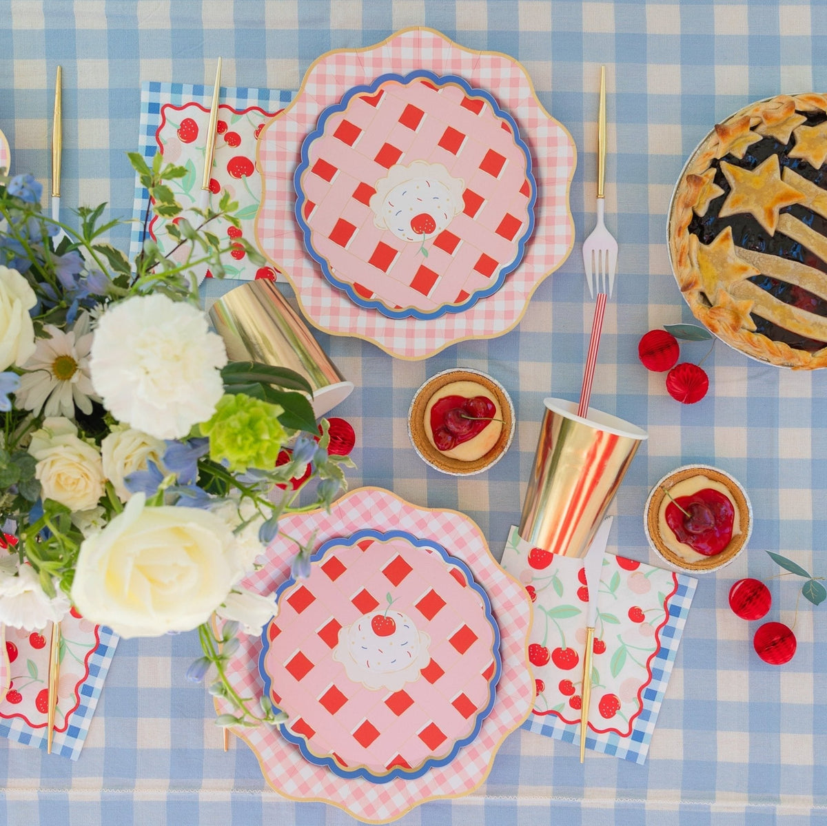 Elegant Petal Pink Gingham Dinner Plates