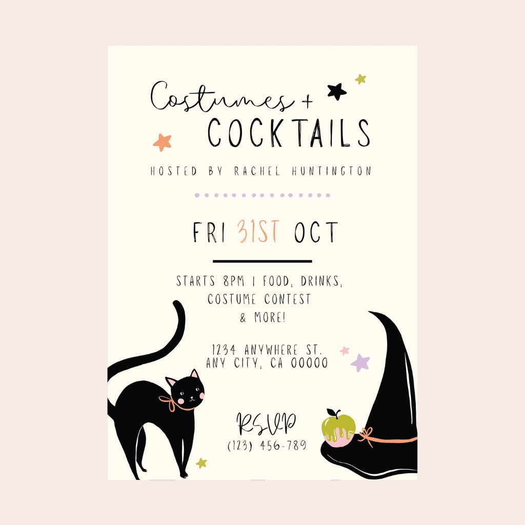 Frills and Thrills Black Cat and Witch Hat Party Digital Party Invitation