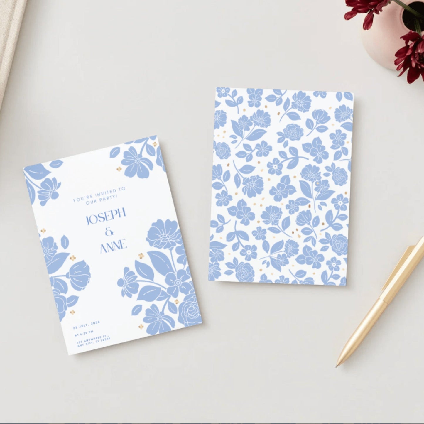 Belle Blue Elegant Floral Digital Party Invitation Download