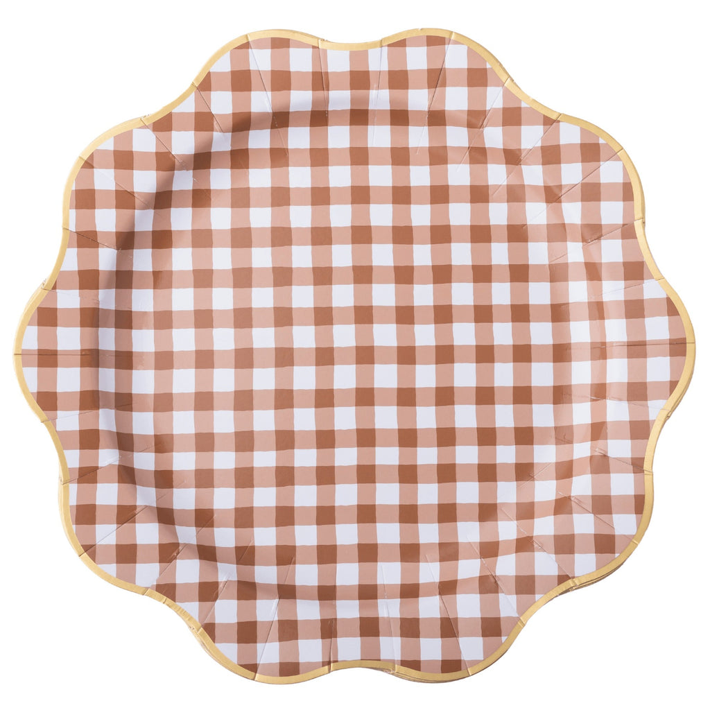 Elegant Mocha Brown Gingham Dinner Plates