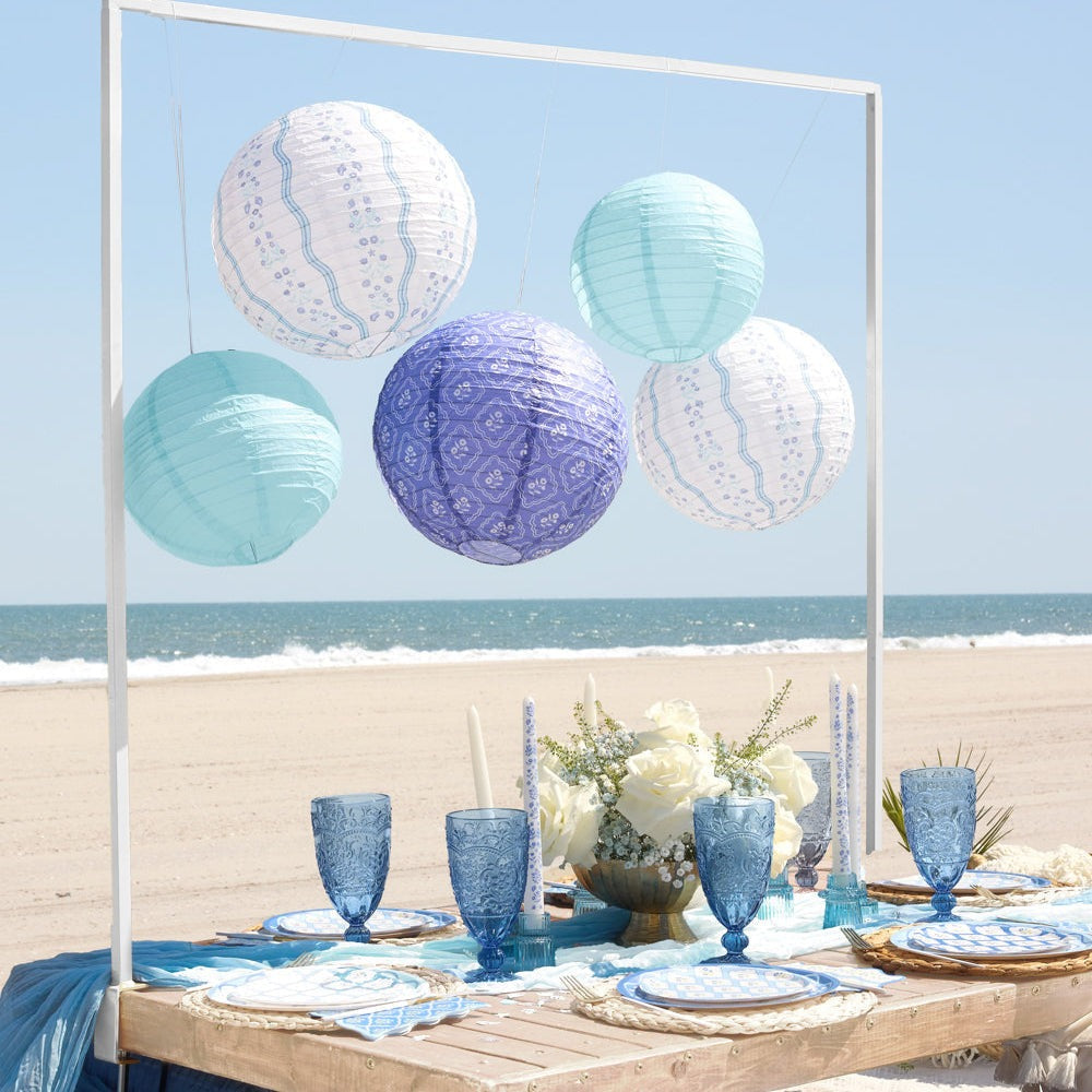 Blue Floral Paper Lantern Set