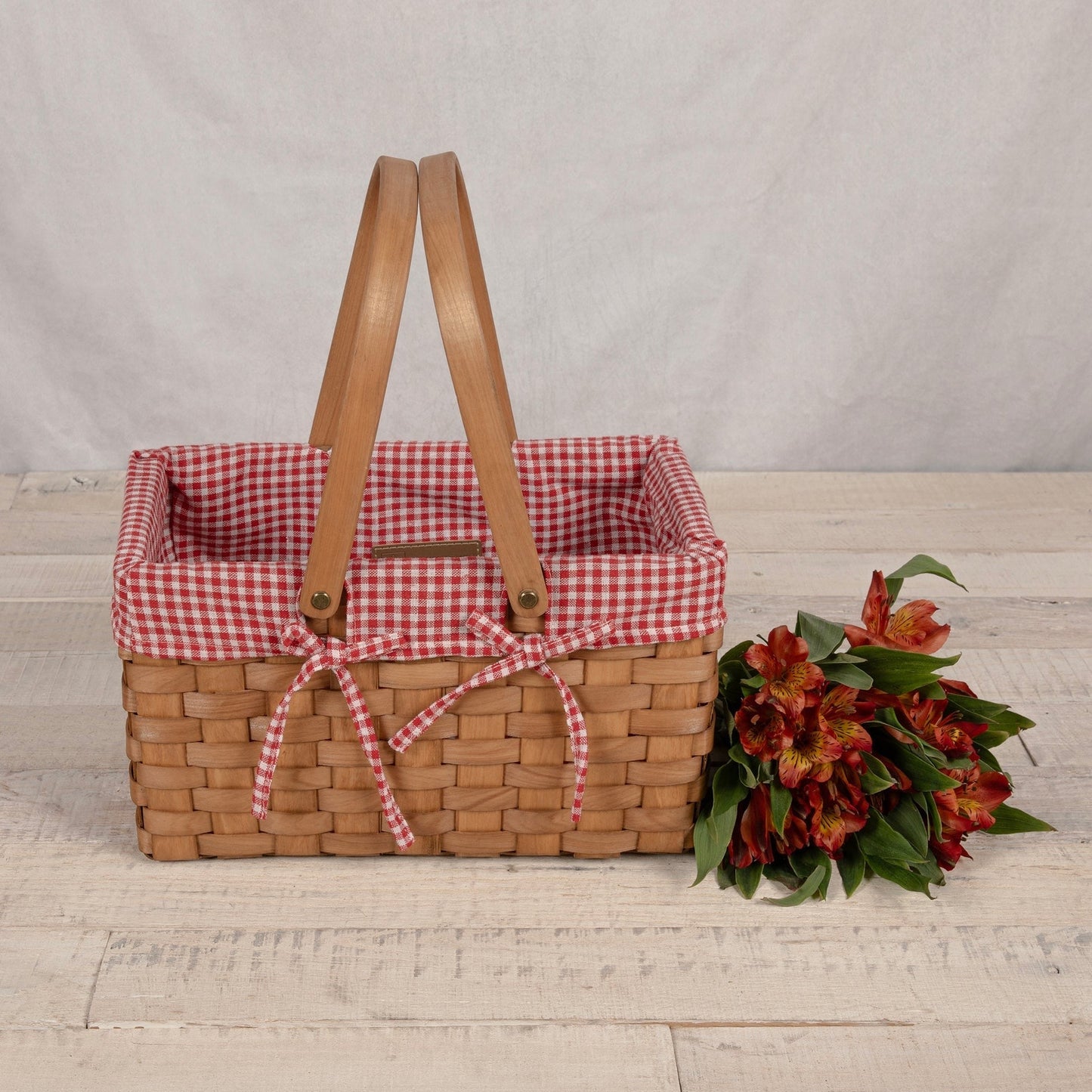 White & Red Gingham Farmhouse Picnic Basket