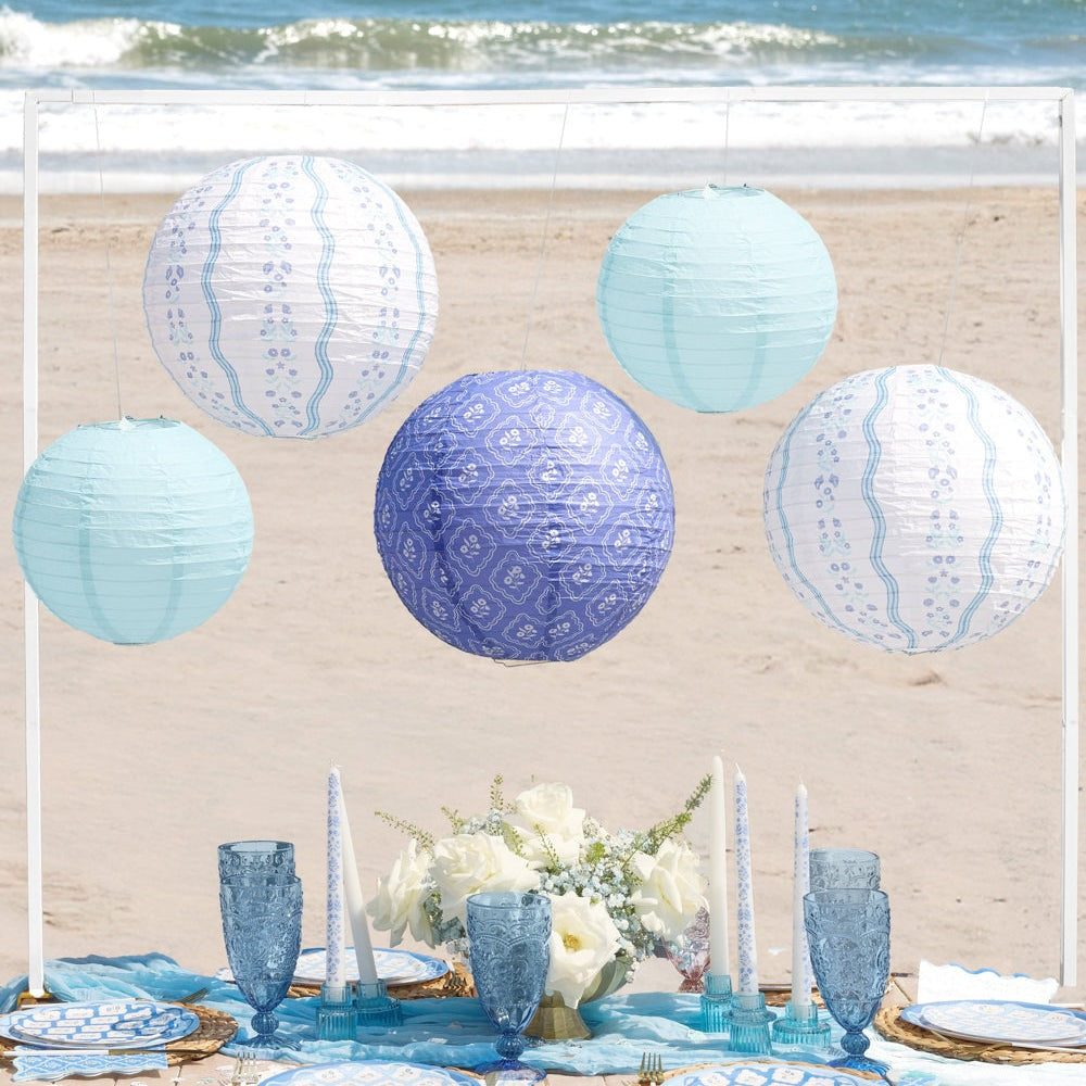 Blue Floral Paper Lantern Set