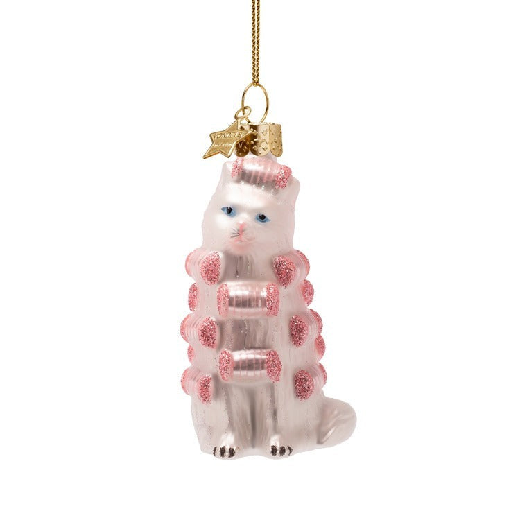 Pink Cat with Curlers Glass Ornament