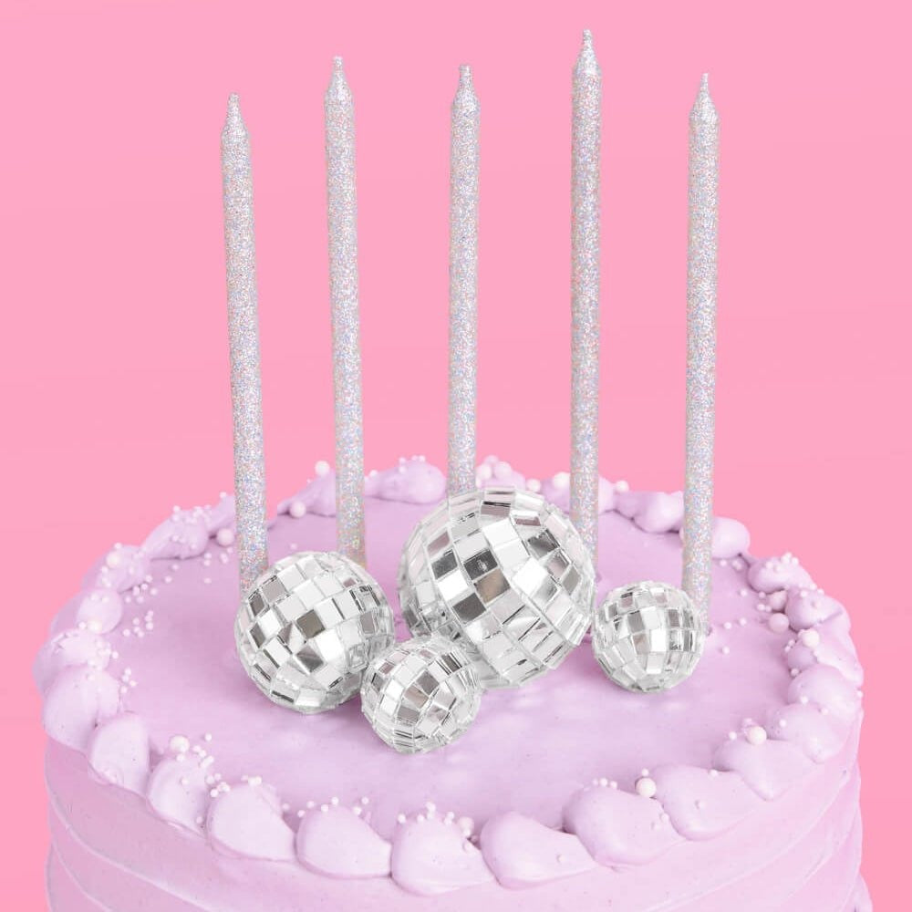 Iridescent Glitter Candles & Disco Ball Cake Topper Set