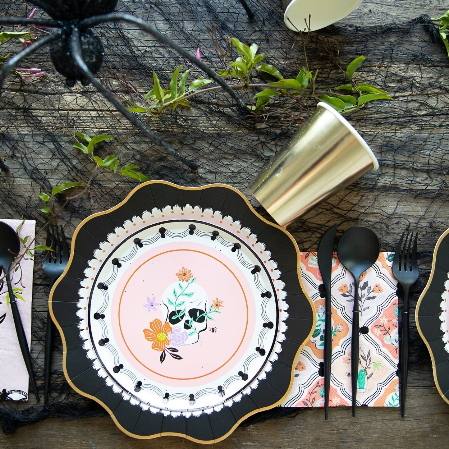Floral Halloween Skulls & Spiders Dessert Plates