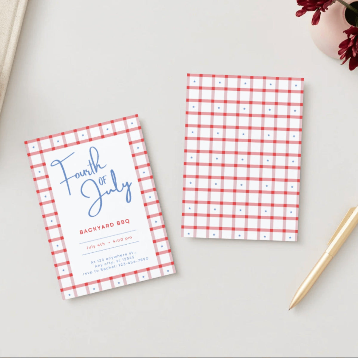 4th of July Gingham Digital Party Invitation Download